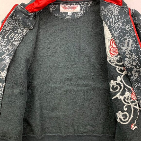 G-Unit Mens Sweater XL Black Red Hoodie Full Zip Embroidered Tattoo Rose Y2K Rap - Picture 8 of 13